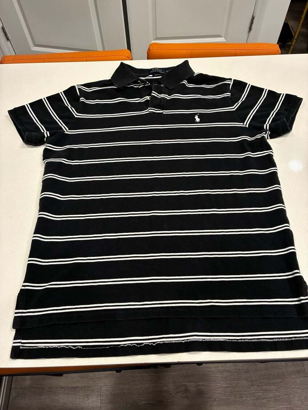 Polo Ralph Lauren Men's Black and White Striped Short Sleeve Custom Fit Polo Shi
